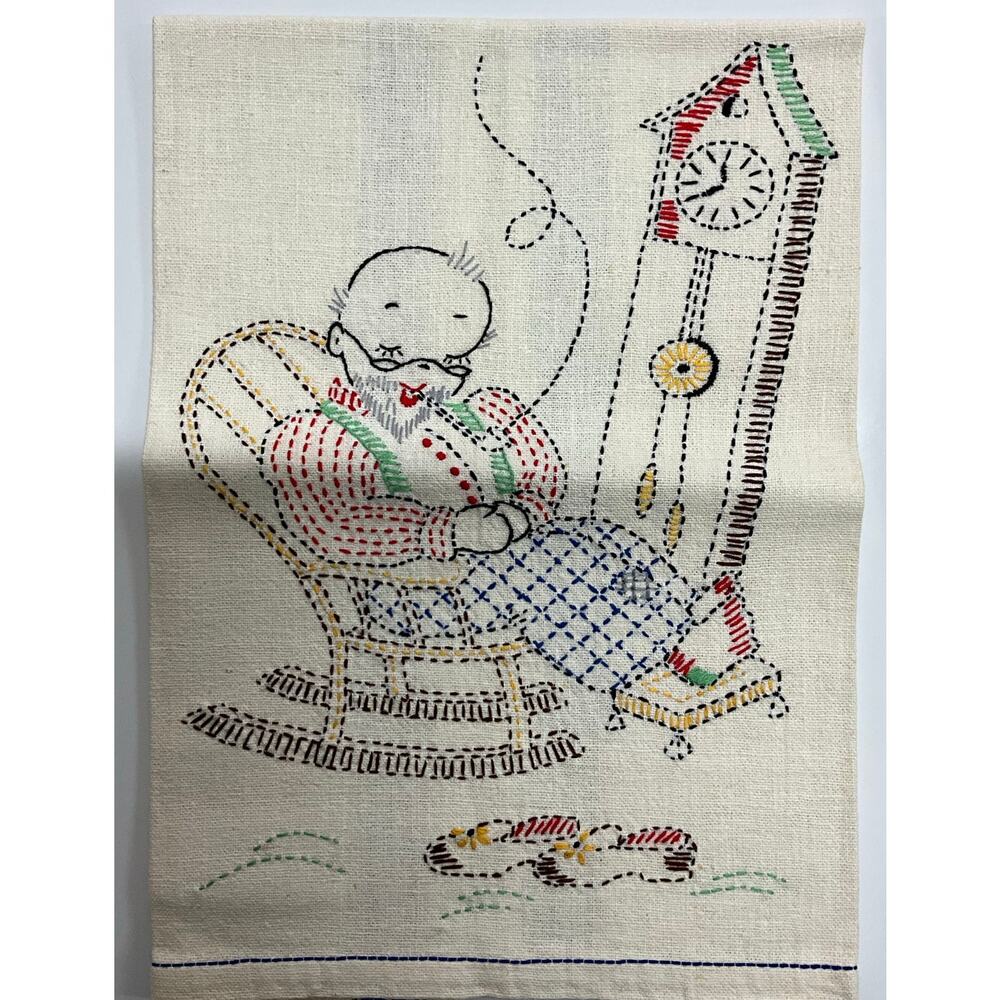 Vintage 2 Handmade Embroidery Kitchen Dish Towels Grandma Grandpa Rock'n NEW - Picture 2 of 7